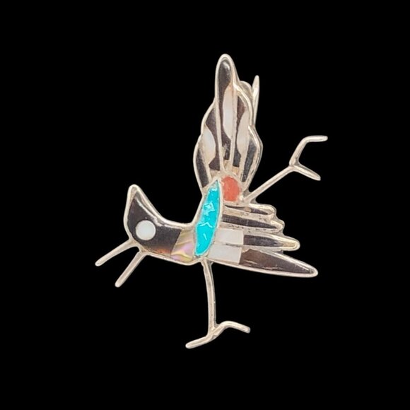 Vtg Zuni Inlay Roadrunner Brooch Pin Silver Onyx Turquoise Coral Mother O Pearl - Picture 1 of 5
